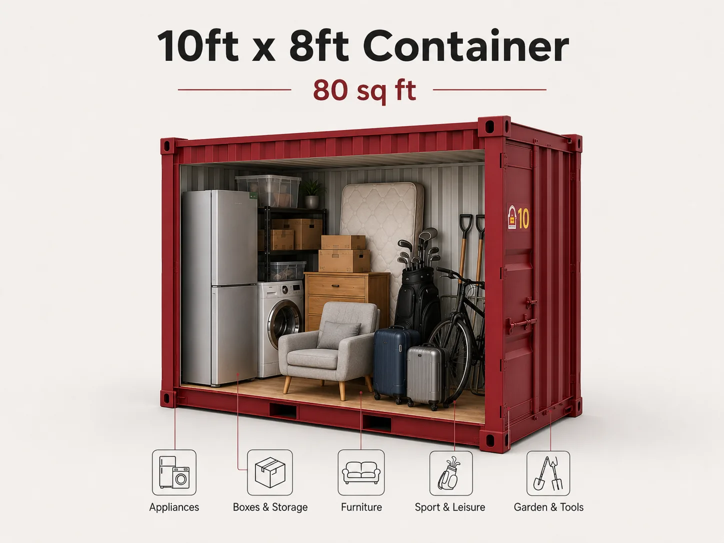 A 10ft × 8ft unit is roughly the size of a standard single garage. It can usually store the contents of a one or two-bedroom home, including sofas, beds, appliances, dining furniture and moving boxes.