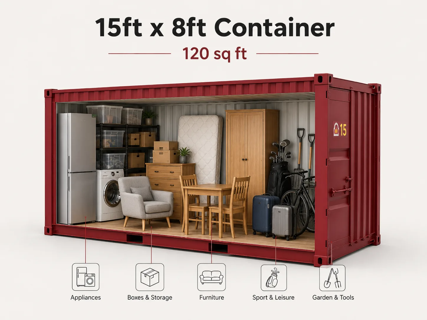 What can I fit in a 15ft × 8ft storage unit? A 15ft × 8ft unit can typically hold the contents of a two or three-bedroom house. It is suitable for larger furniture, appliances, beds, wardrobes, garden equipment and a substantial number of boxes.