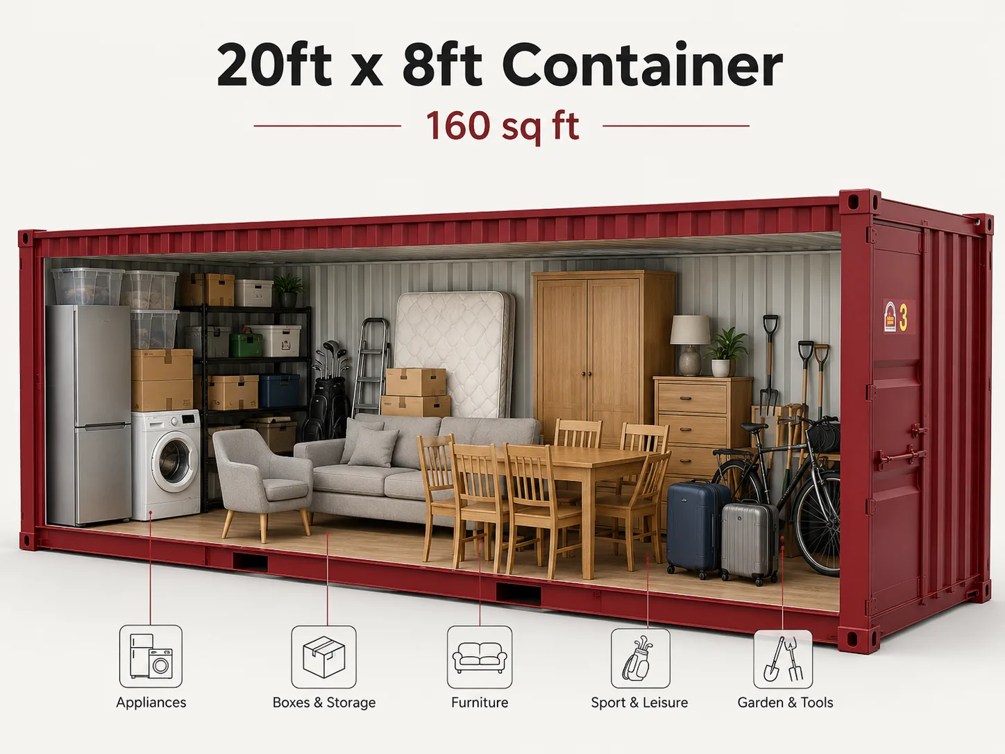 What can I fit in a 20ft × 8ft storage unit? A 20ft × 8ft unit can usually accommodate the contents of a three or four-bedroom home. It provides plenty of room for large furniture, appliances, garage contents, business stock, equipment and boxed belongings.
