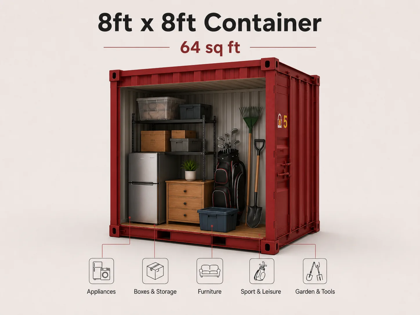 An 8ft × 8ft unit can typically hold the contents of a one-bedroom flat. There is space for furniture, appliances, beds, wardrobes, boxes and other household belongings.