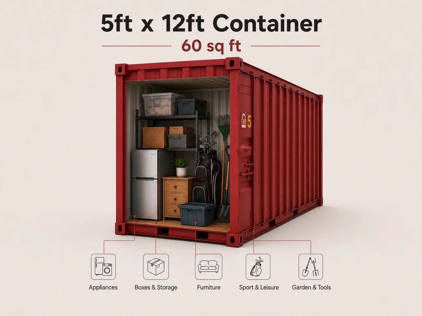 What can I fit in a 5ft × 12ft storage unit? A 5ft × 12ft unit can typically hold the contents of a one-bedroom flat. It is suitable for sofas, beds, small appliances, bicycles, furniture and a good number of boxes.